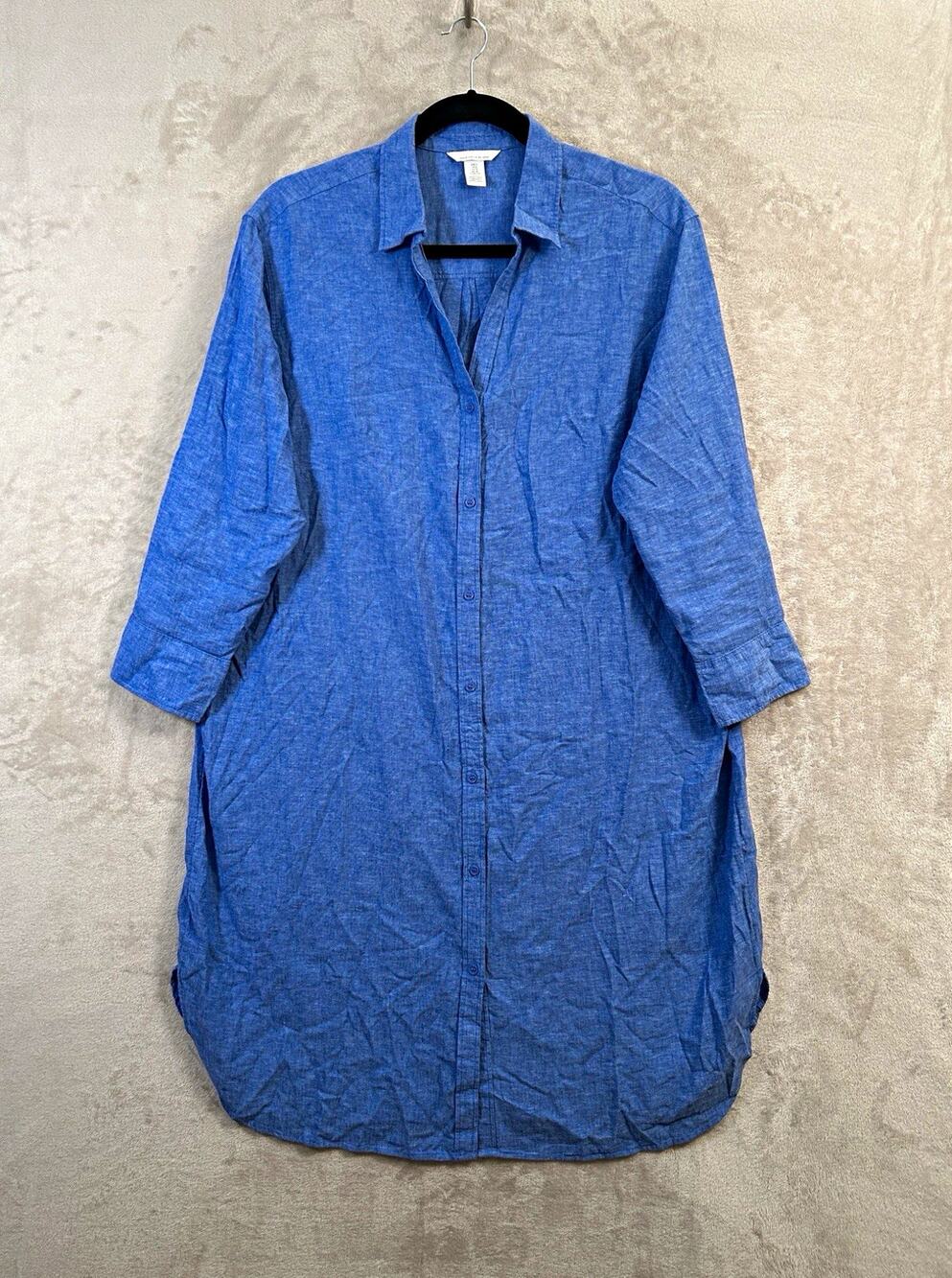 H&M Linen Blend Chambray Blue Button-Up Collared Shirt Dress XL MISSING BELT